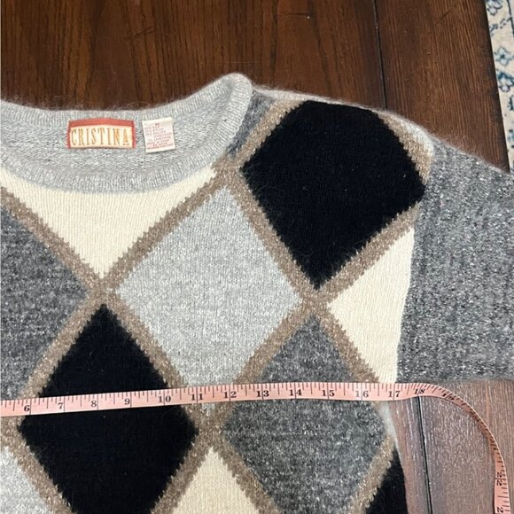 Vintage Crew Neck Argyle Sweater Silk Angora Lambswool Black White Gray Soft Med - Picture 5 of 7